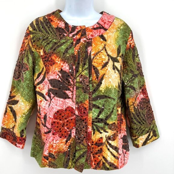 Chico's Collarless Blazer Jacket Beaded Leafy Sequin Floral Tropical Rain Forest - Picture 1 of 9